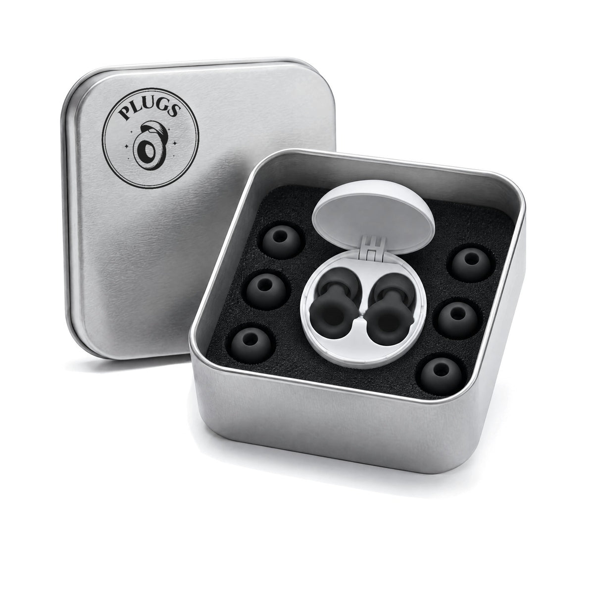 Open steel PLUGS tin with the Black pair in its round white carry case and three spare pairs of ear tips around it