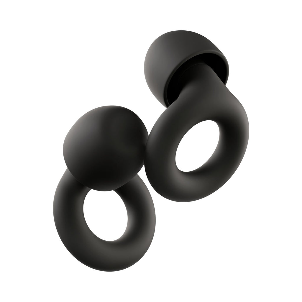 PLUGS reusable silicone earplugs in Black, one pair shown from two angles on a white background (product render)