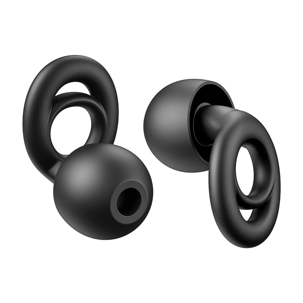Close-up of a Black PLUGS pair showing the soft silicone ring, stem and dome ear tip