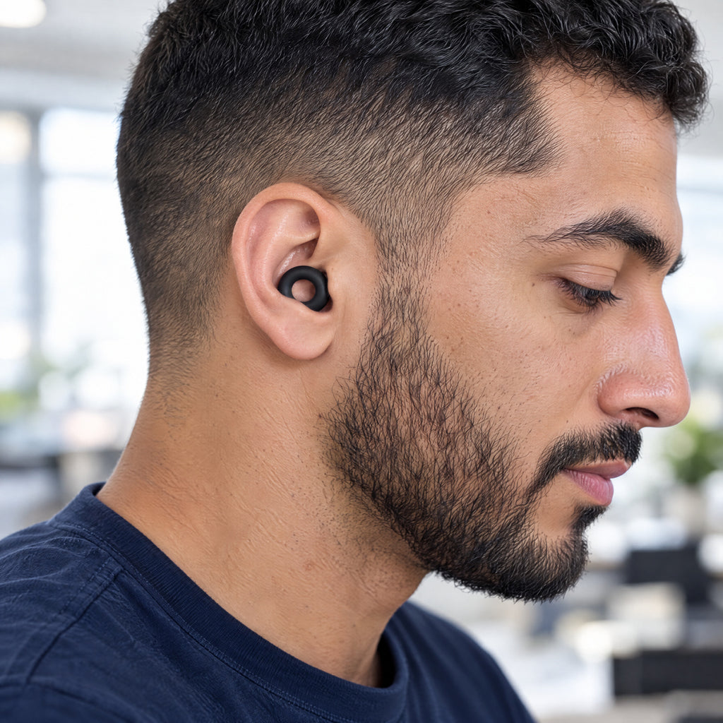 Bearded man in a navy T-shirt wearing a Black PLUGS earplug, shown from the side