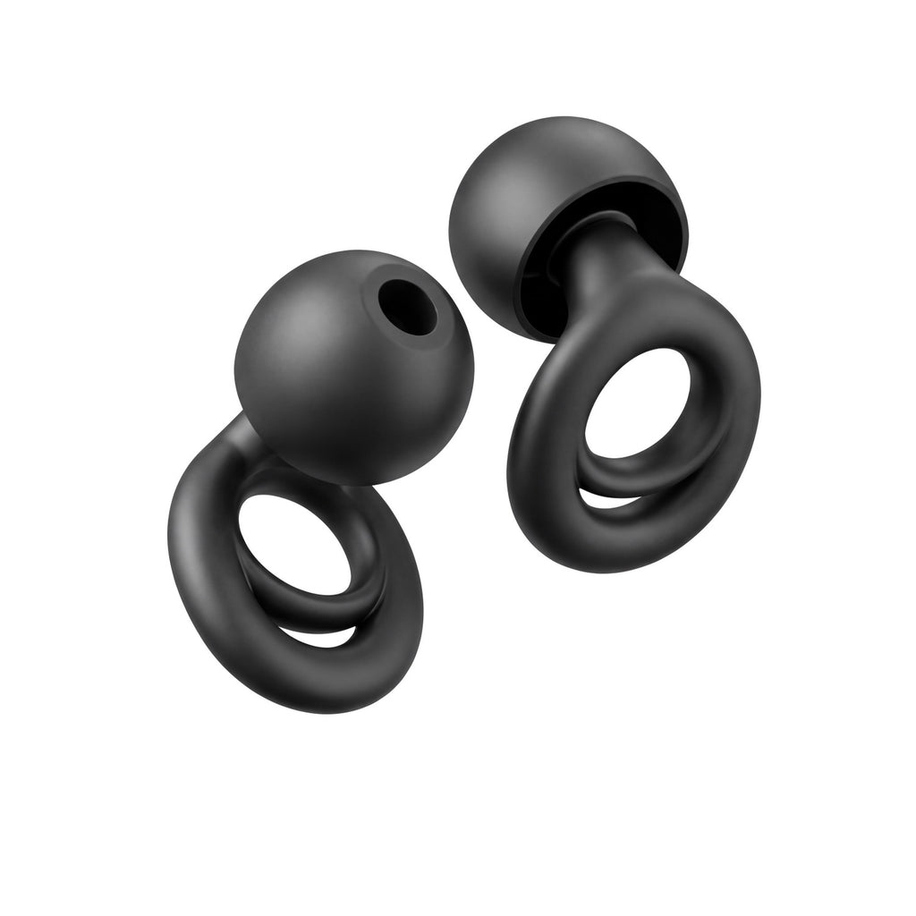 PLUGS reusable silicone earplugs in Black, one pair shown from two angles on a white background (product render)