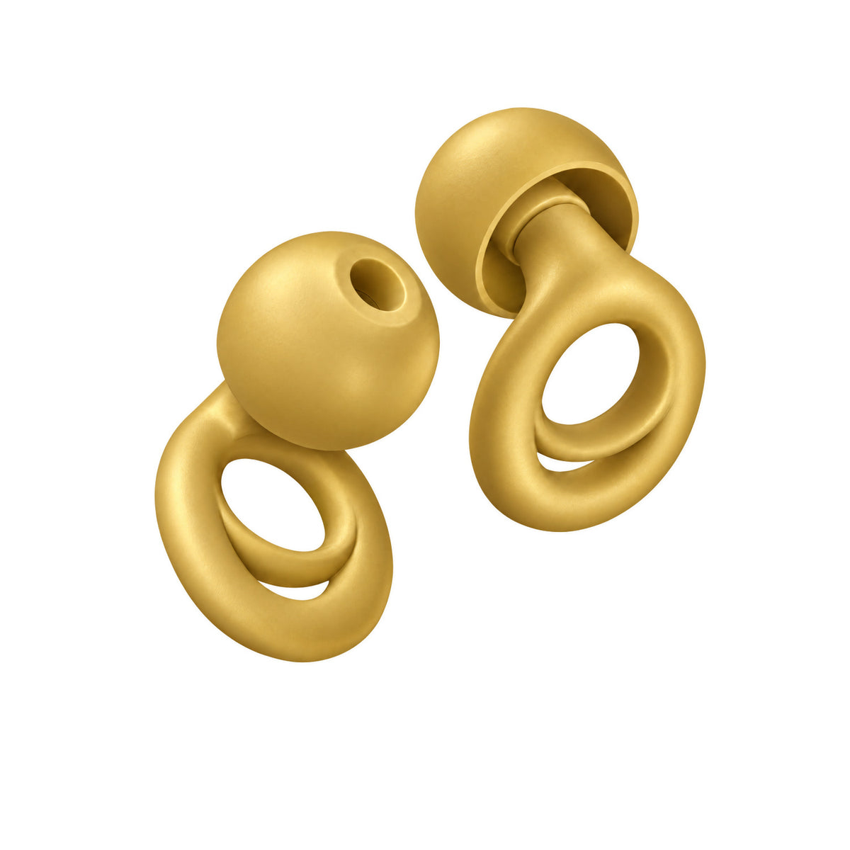 PLUGS reusable silicone earplugs in Gold, one pair shown from two angles on a white background (product render)