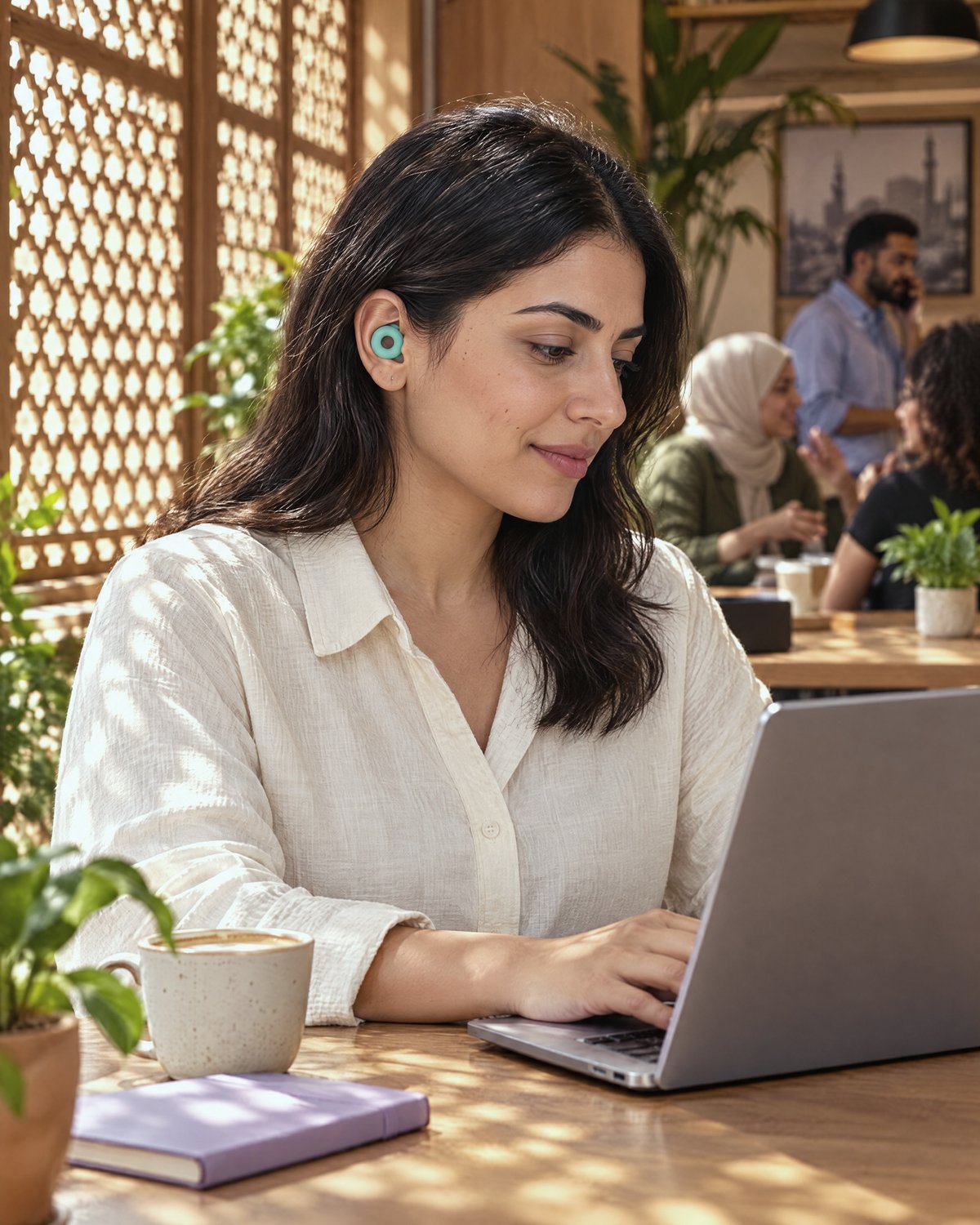 A woman working on her laptop in a busy café, wearing a Mint PLUGS earplug