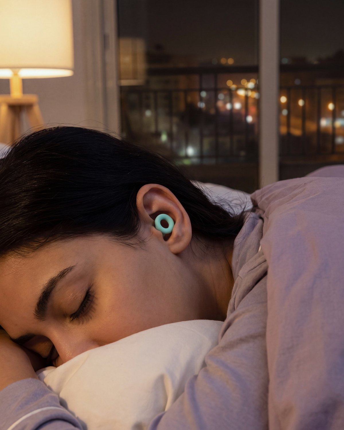 A woman asleep in bed at night, wearing a Mint PLUGS earplug, with city lights outside the window