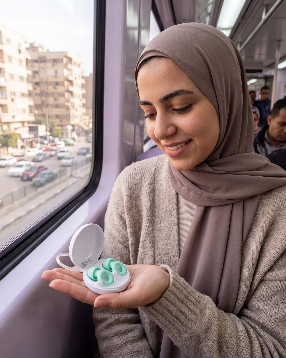 A woman on a train holding her Mint PLUGS earplugs in their open carry case