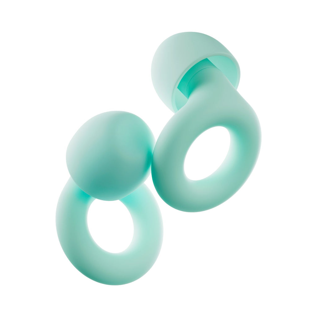 PLUGS reusable silicone earplugs in Mint, one pair shown from two angles on a white background (product render)