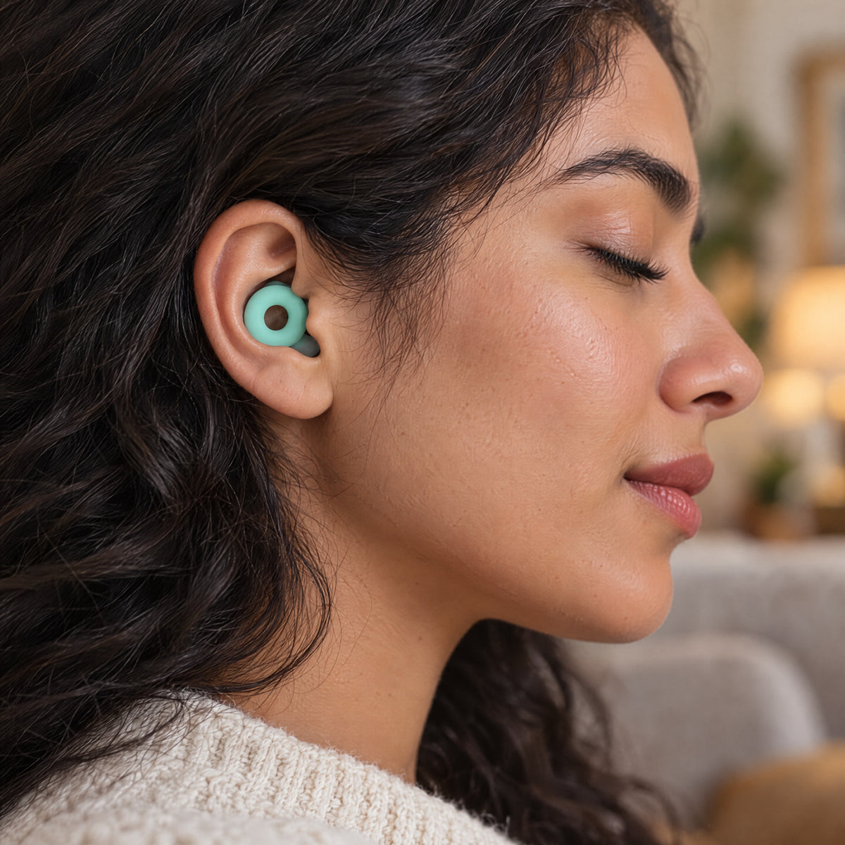 Woman with her eyes closed wearing a Mint PLUGS earplug, the ring sitting flat in her outer ear
