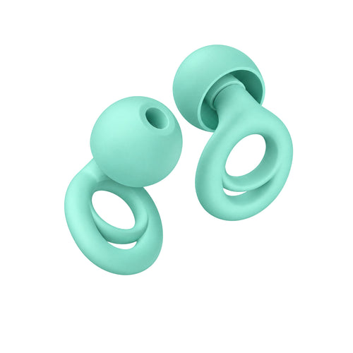 PLUGS reusable silicone earplugs in Mint, one pair shown from two angles on a white background (product render)