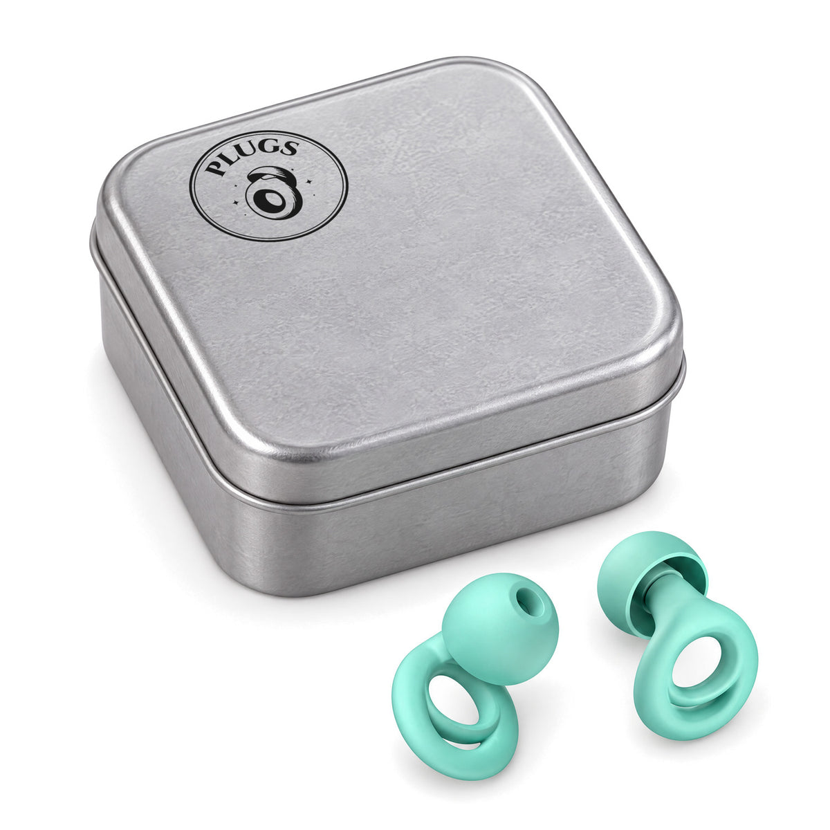 Closed steel PLUGS gift tin with a pair of Mint earplugs beside it