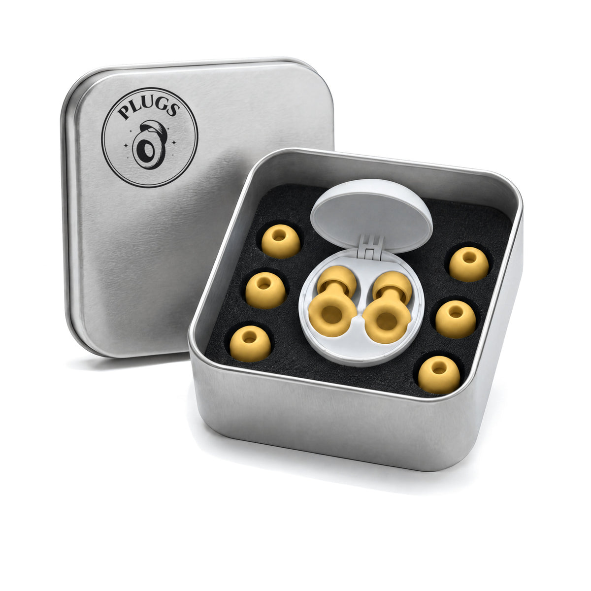 Open steel PLUGS tin with the Gold pair in its round white carry case and three spare pairs of ear tips around it