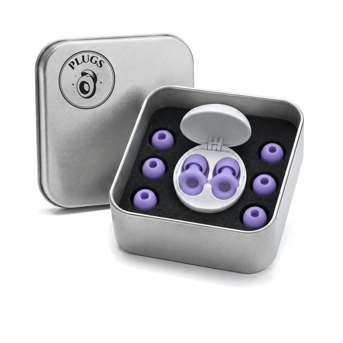 Open steel PLUGS tin with the Violet pair in its round white carry case and three spare pairs of ear tips around it
