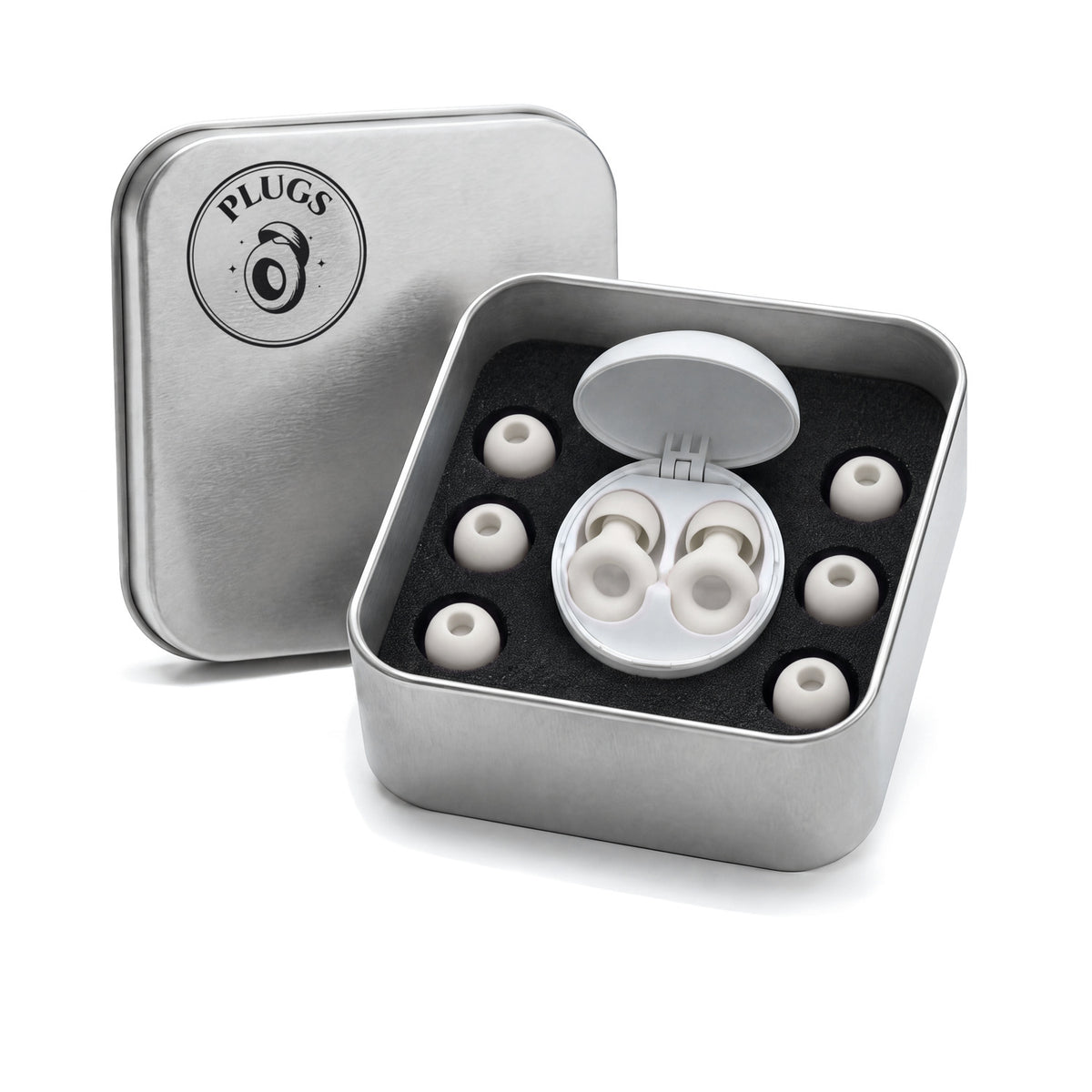 Open steel PLUGS tin with the White pair in its round white carry case and three spare pairs of ear tips around it