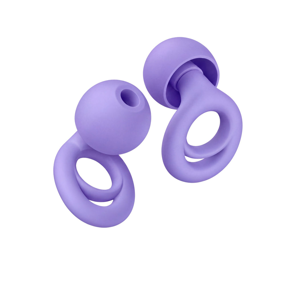 PLUGS reusable silicone earplugs in Violet, one pair shown from two angles on a white background (product render)