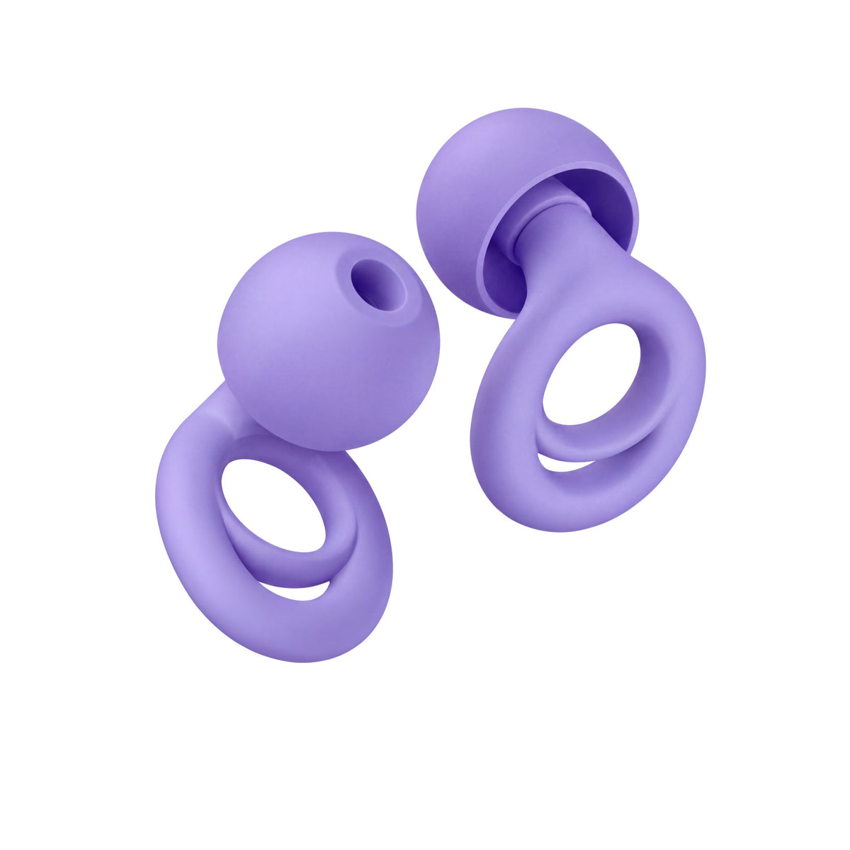 PLUGS reusable silicone earplugs in Violet, one pair shown from two angles on a white background (product render)
