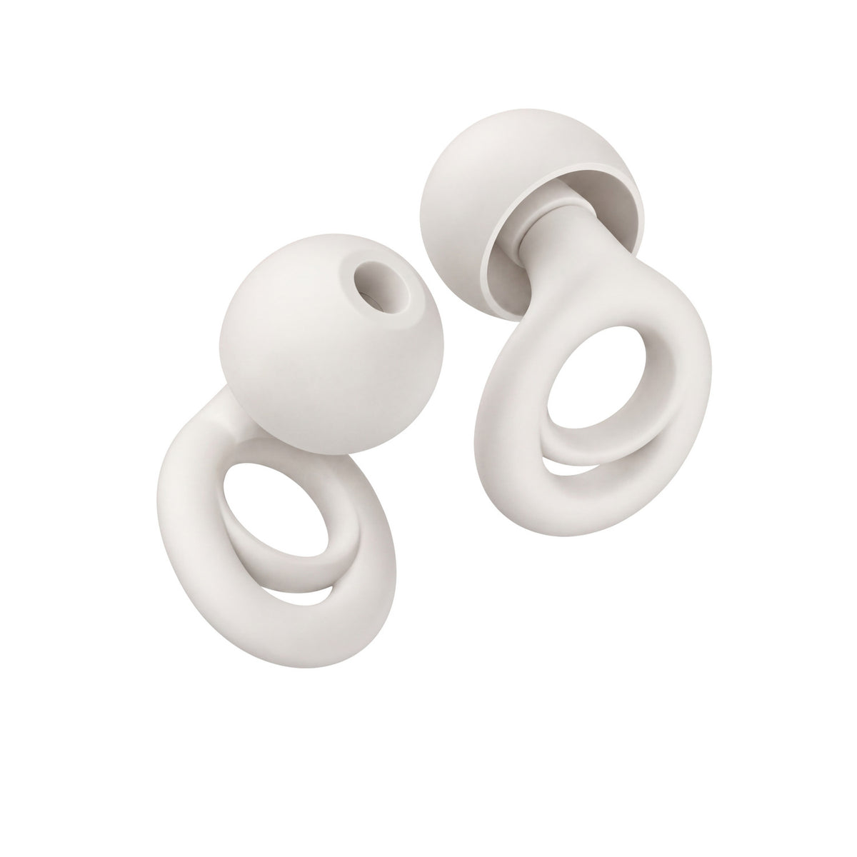 PLUGS reusable silicone earplugs in White, one pair shown from two angles on a white background (product render)